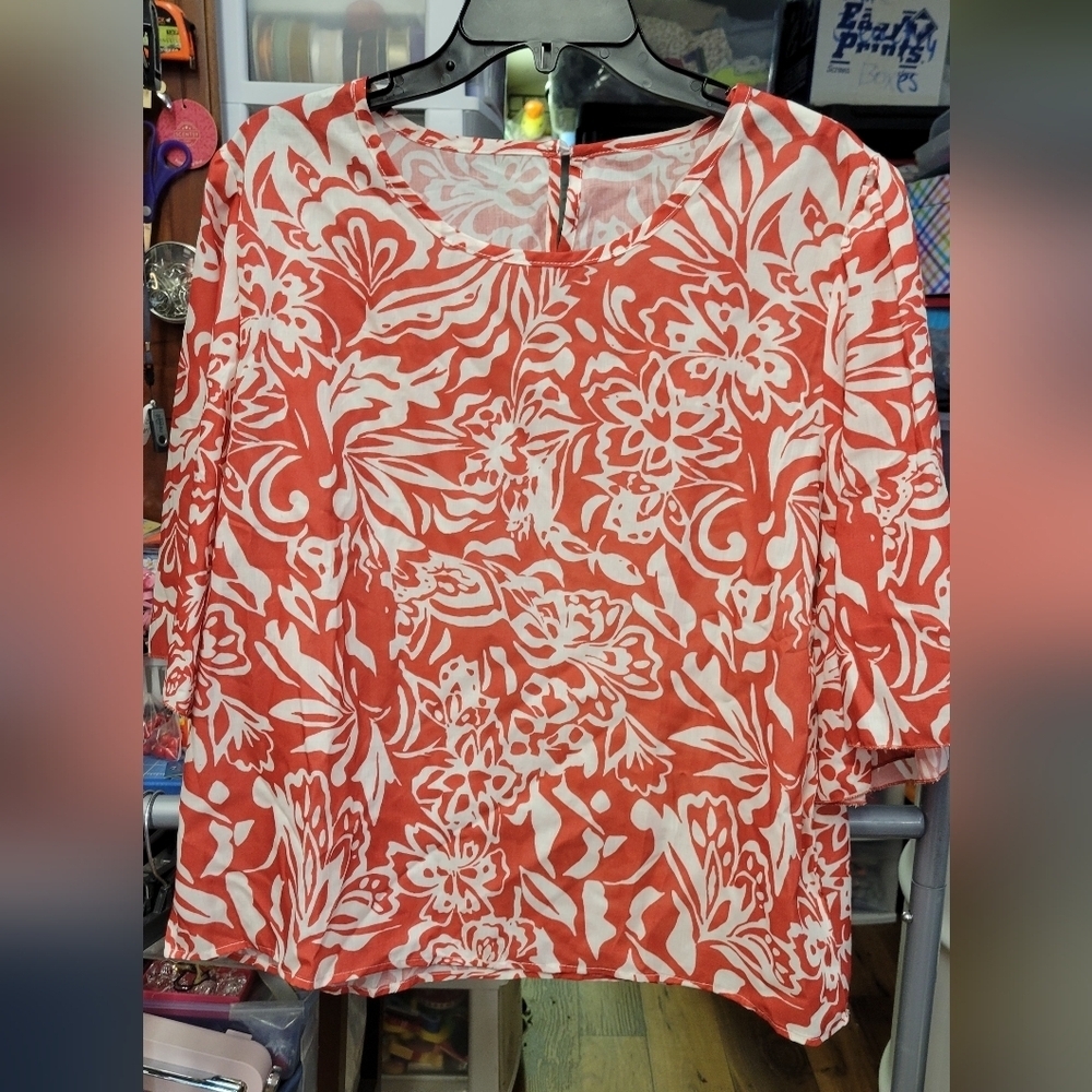 Floral Coral White XXL Wide Sleeve Top